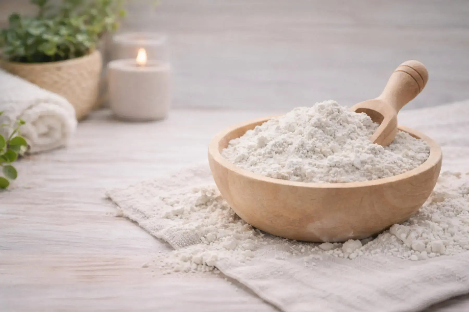 Diatomita natural en ambiente hogareño, material poroso con alta capacidad de absorción de humedad